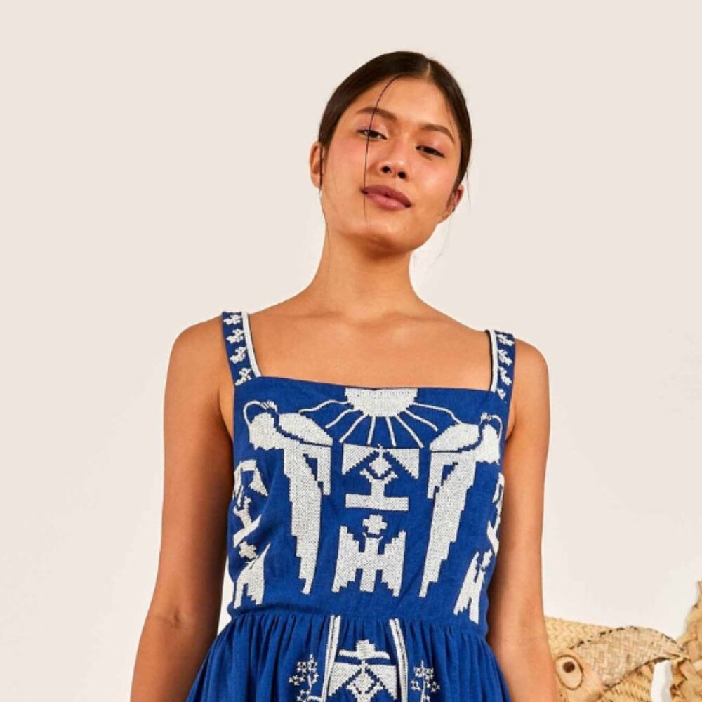 NWT Farm Rio Navy Macaw Embroidered Maxi Dress Size Small